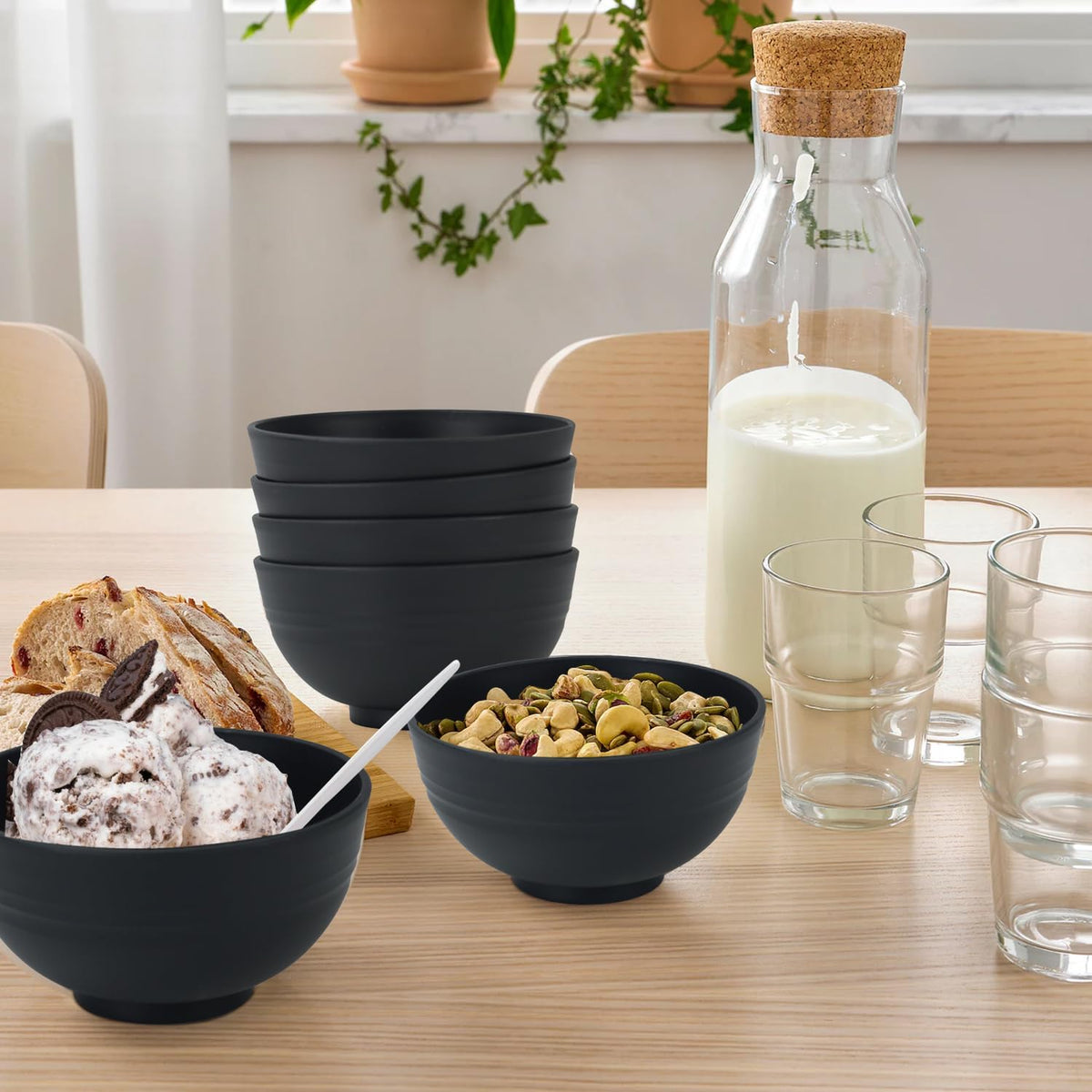 wheat straw snack bowls 10oz set of 8 - Unbreakable Dessert Bowls for kids - Mini Bowls for Ice Cream,Snack and Fruits - Microwave & Dishwasher Safe Appetizer Bowl Sets - Black