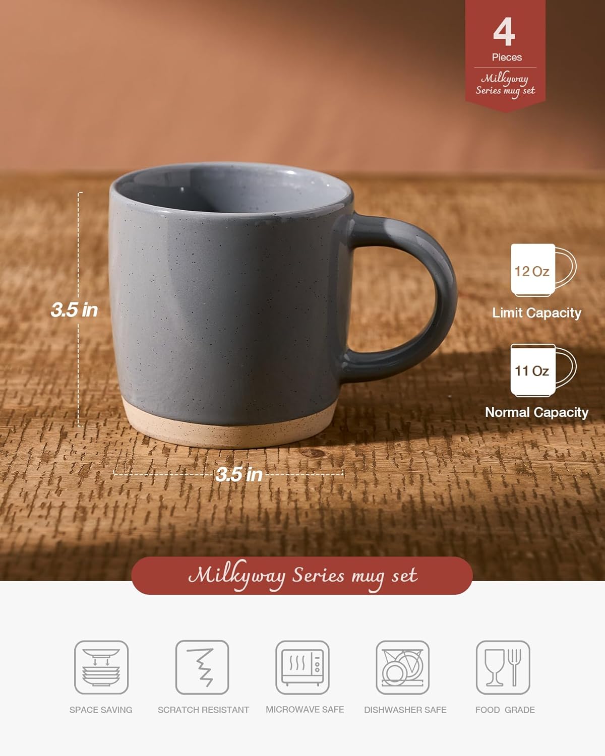famiware Coffee Mugs for 4, 12 oz Mug Set, Drinking Cup with Handle for Coffee, Tea, Cocoa, Milk, Milkyway serise, Dark Gray