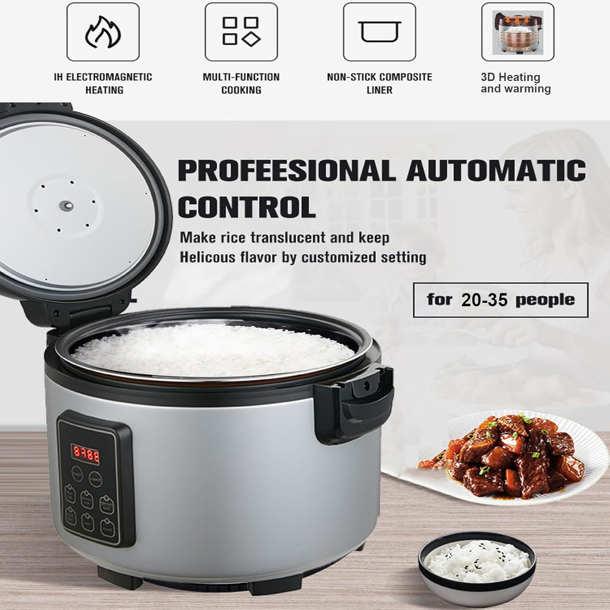 Commercial Rice Cooker 60 CUPS (Cooked Rice)& Food Warmer | 13L/13.8Qt Extra Large Multifunctional Rice Cooker | 1350W Fast Cooking with Time Display & Preset|Restaurant Company Canteen Use