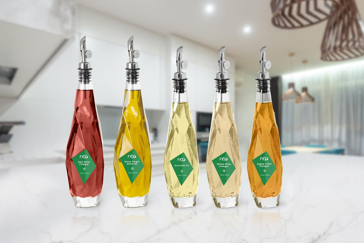 FYGO Diamond Lux Olive Oil Bottle Dispenser - 500ml Glass Container With Pourer and Funnel for Kitchen - Oil and Vinegar Set