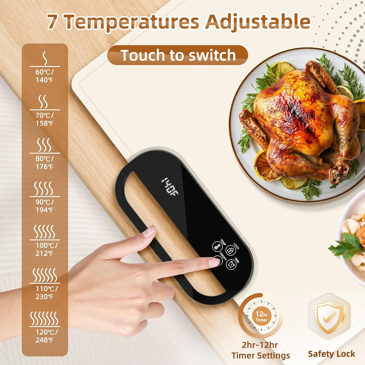 Electric Warming Tray with 7 Adjustable Temperatures, Hanging & Foldable Food Warmer Mat with Child Lock, 11 Timer Settings, Fast Heating Plate for Buffet, Paties, Family Gatherings, Holidays, Beige