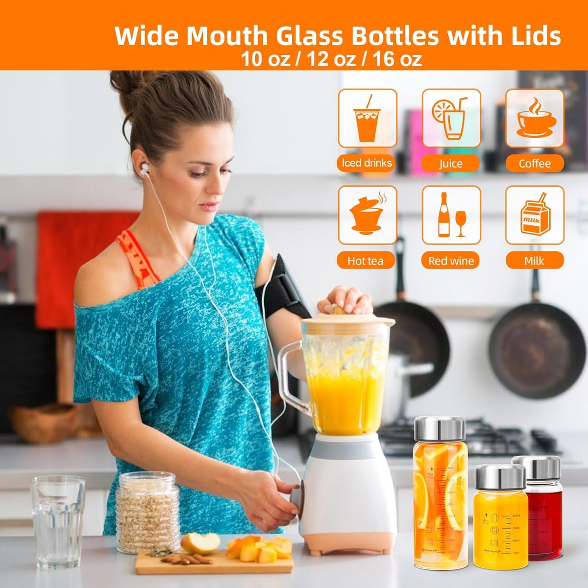 Glass Juice Bottles 4 Pack 16 oz - Wide Mouth Glass Water Bottles with Lids - for Juicing, Smoothies, Milk, Protein, BPA Free, Reusable, Stainless Steel Lids, Leak Proof, Shaker bottle (16oz/500ml)
