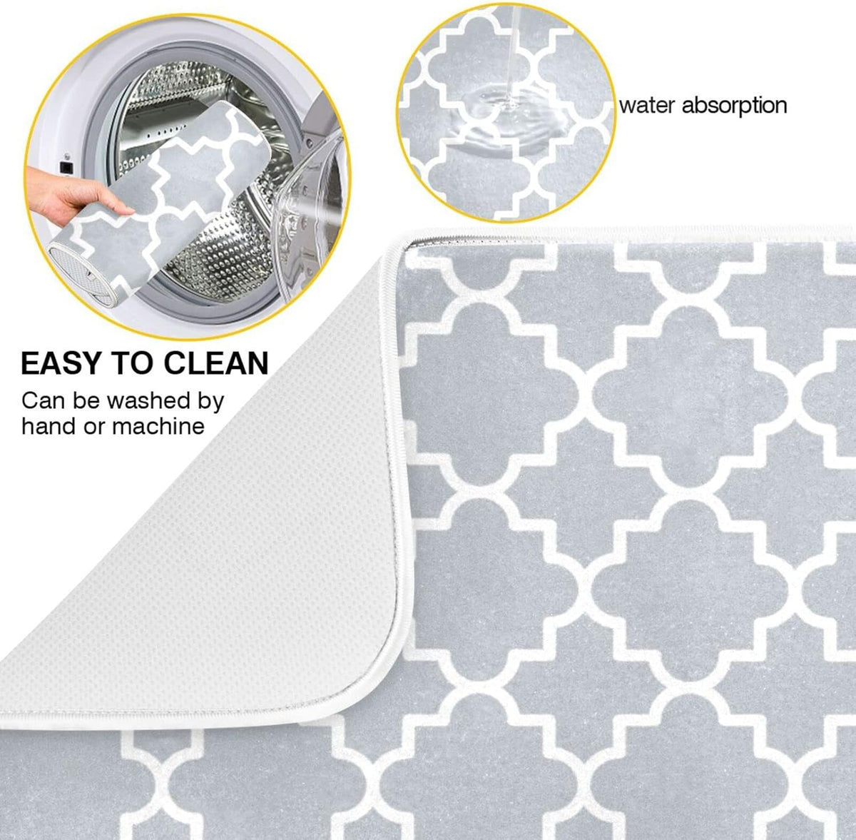 senya Super Absorbent Dish Drying Mat, Microfiber Fast-Drying Dish Mat, 16'' x 18'', Kitchen Dish Drying Pad, Grey Moroccan, 16x18in