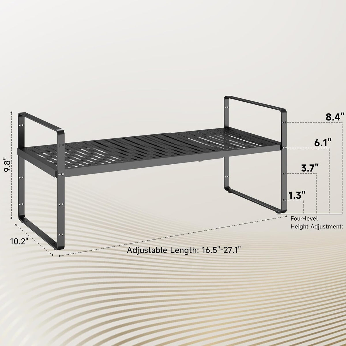 Hole Pattern Expandable Shelf Organizer,1Pack 10.2" Wide Easy to Assemble Cabinet Organizer Shelf, 16.5~27.1" Adjustable Height&Stackable Spice Organization for Cupboard, Black