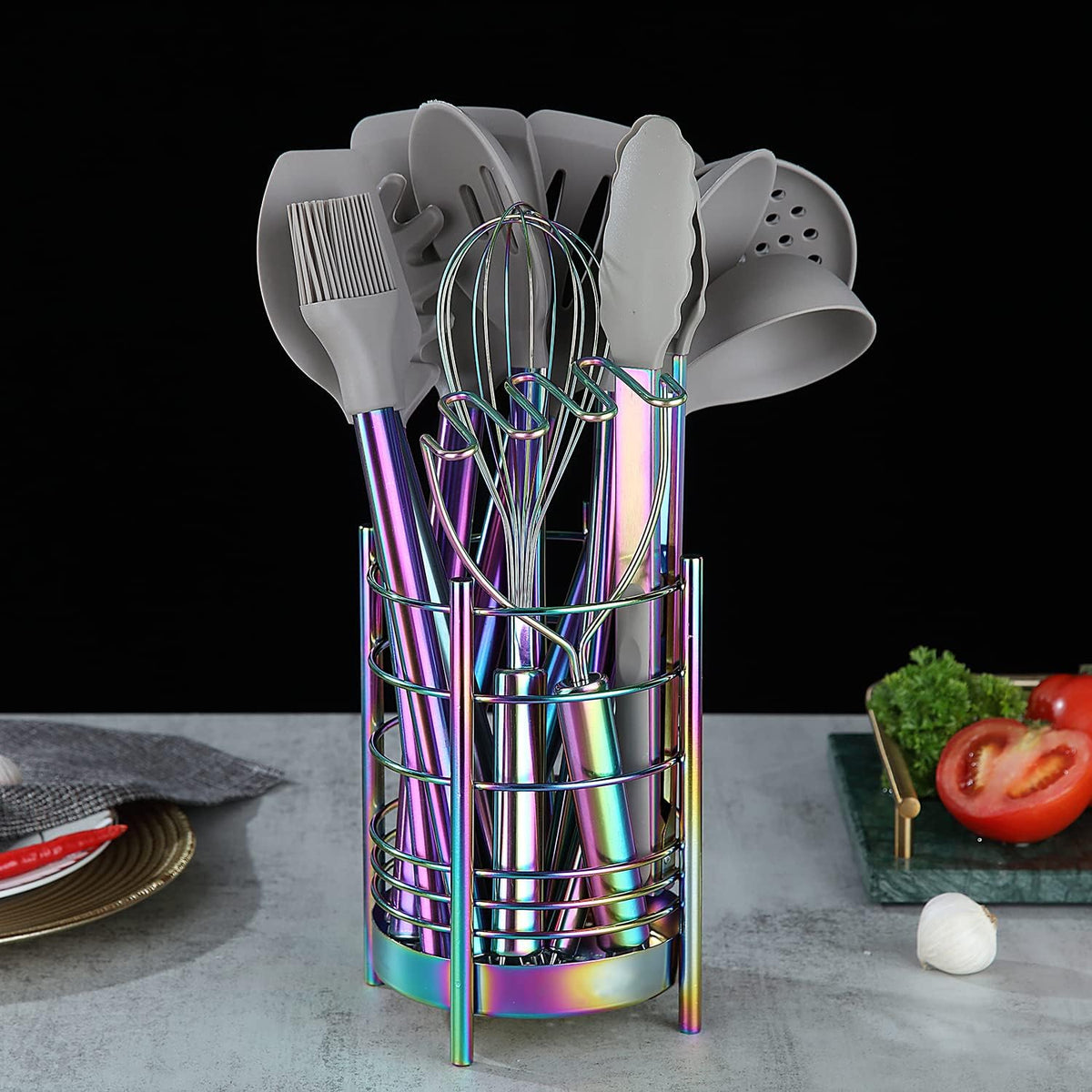 Rainbow Kitchen Utensil Holder for Kitchen Counter, Stainless Steel Utensil Crocks, Rainbow Titanium Coating Utensil Storage Caddy Organizer, Cooking Utensil Holder, Easy Cleaning(Rainbow/7.4''x5.2'')