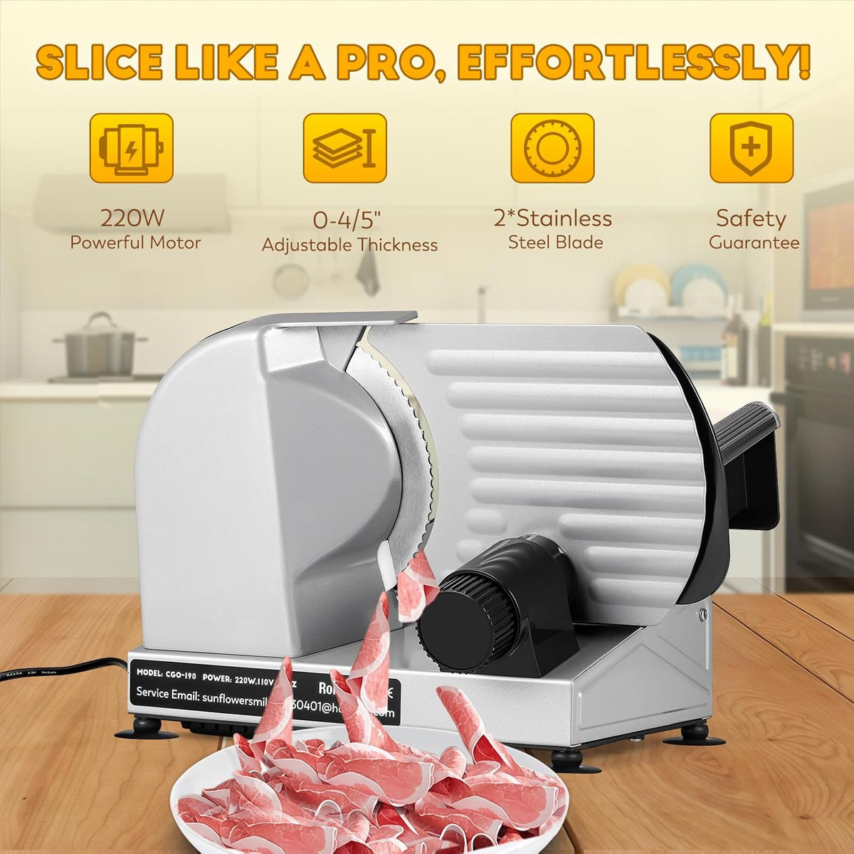 CGOLDENWALL Meat Slicer, 220W Electric Deil Food Slicer with 2 Removable 7.5" Blades, 4/5" Adjustable Thickness, Food Slicer Machine for Home Cutting Meat Cheese Bread Vegetables, 110V CE
