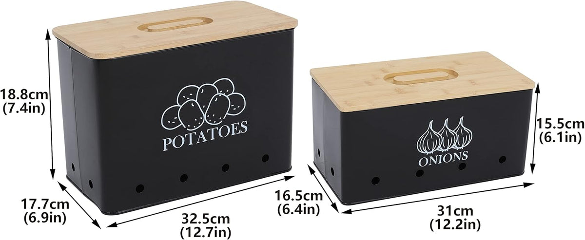 Potato Onion Storage Box, Food Container Sets, Storage Canisters for Vegeatables, Set of 2 Jars Pots Containers, Potato & Onion Bin with Aerating Tin Storage Holes & Bamboo Lid-Black