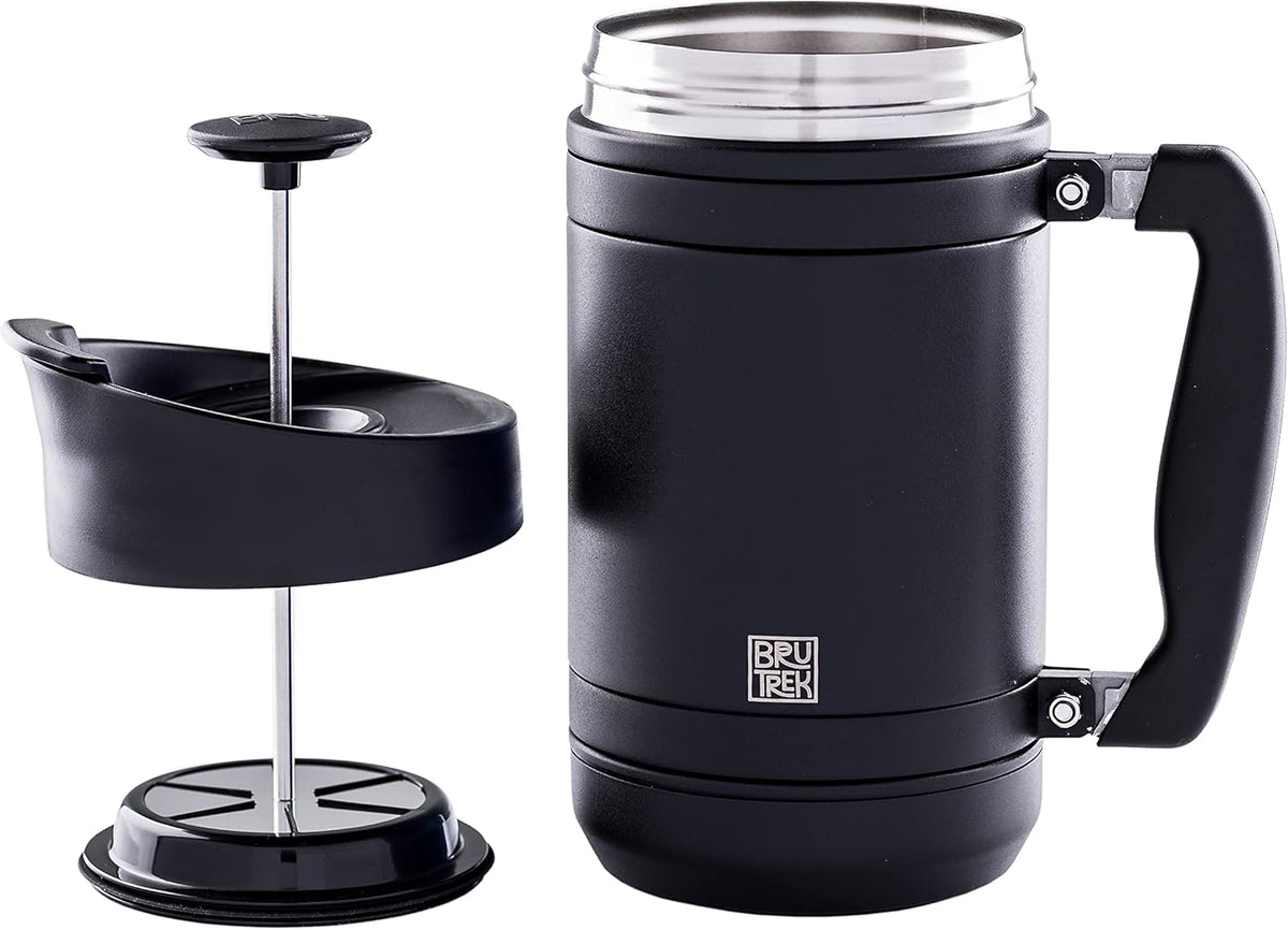 BaseCamp Coffee Press - Double Wall Insulated Stainless Steel - Bru-Stop Technology, No Grounds in Coffee, No Spill Lid (Obsidian, 32 fl.oz)