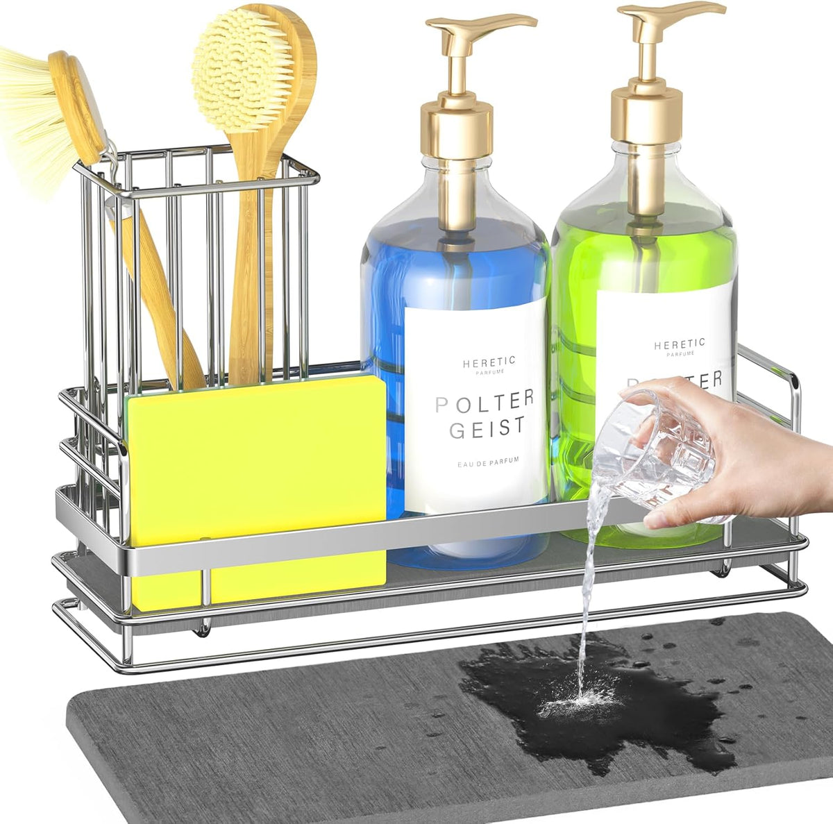 Yofidra Sink Caddy with Stone Drying Tray: Stainless Steel Soap Dispenser Kitchen Sink Organizer Set, Sponge Holder Counter Accessories Decor for Kitchen Organizers and Storage 8.1x3.5x4.5 in Sliver