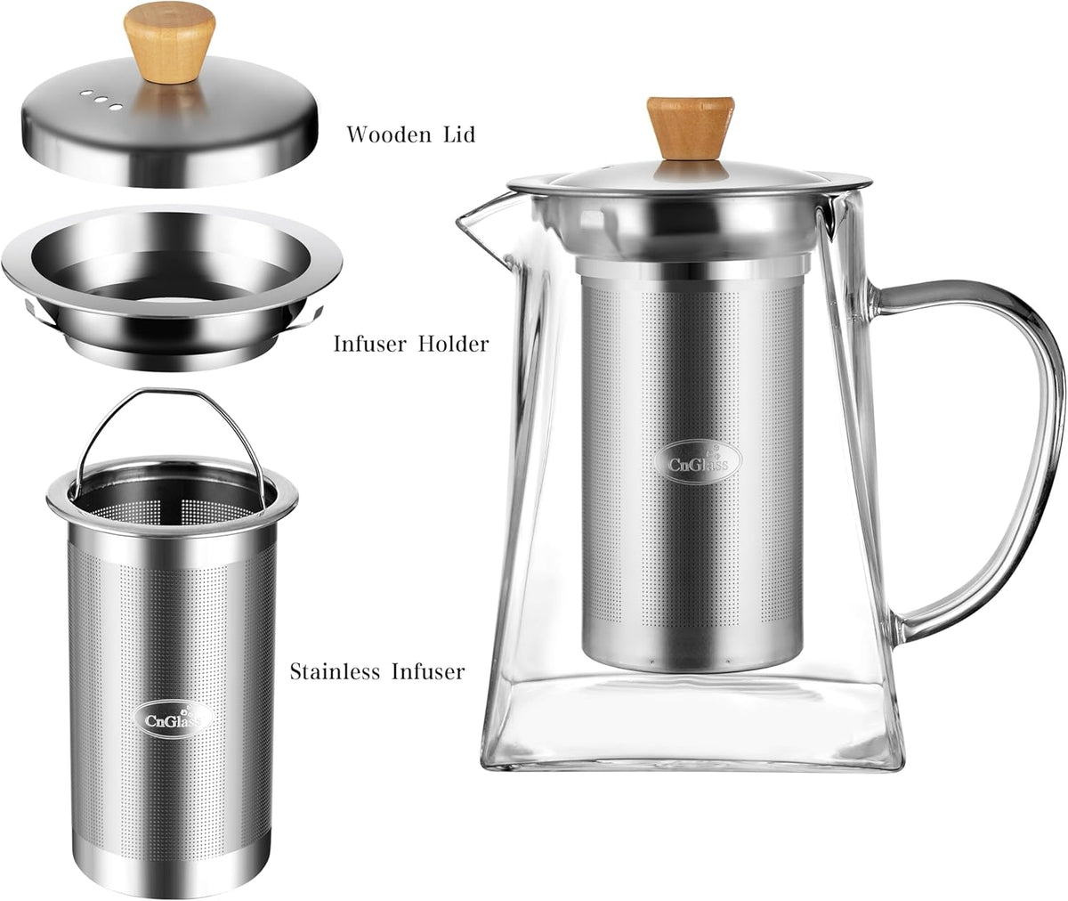 CNGLASS Glass Teapot with Infuser,24oz Clear Glass Tea Kettle with Removable Stainless Steel Strainer,Stovetop Safe Glass Teapot for Blooming and Loose Leaf Tea…