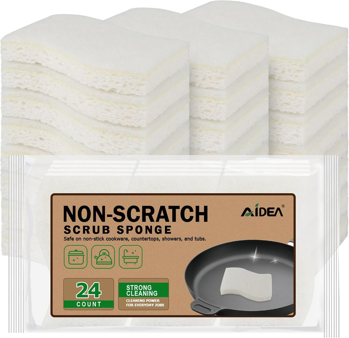 AIDEA Non-Scratch Scrub Sponge-24Count, Sponges Kitchen, Natural Sponge for Non-Stick Cookware, Cellulose Sponges for Dishes, Cleaning Power for Kitchen, Bathroom, Household