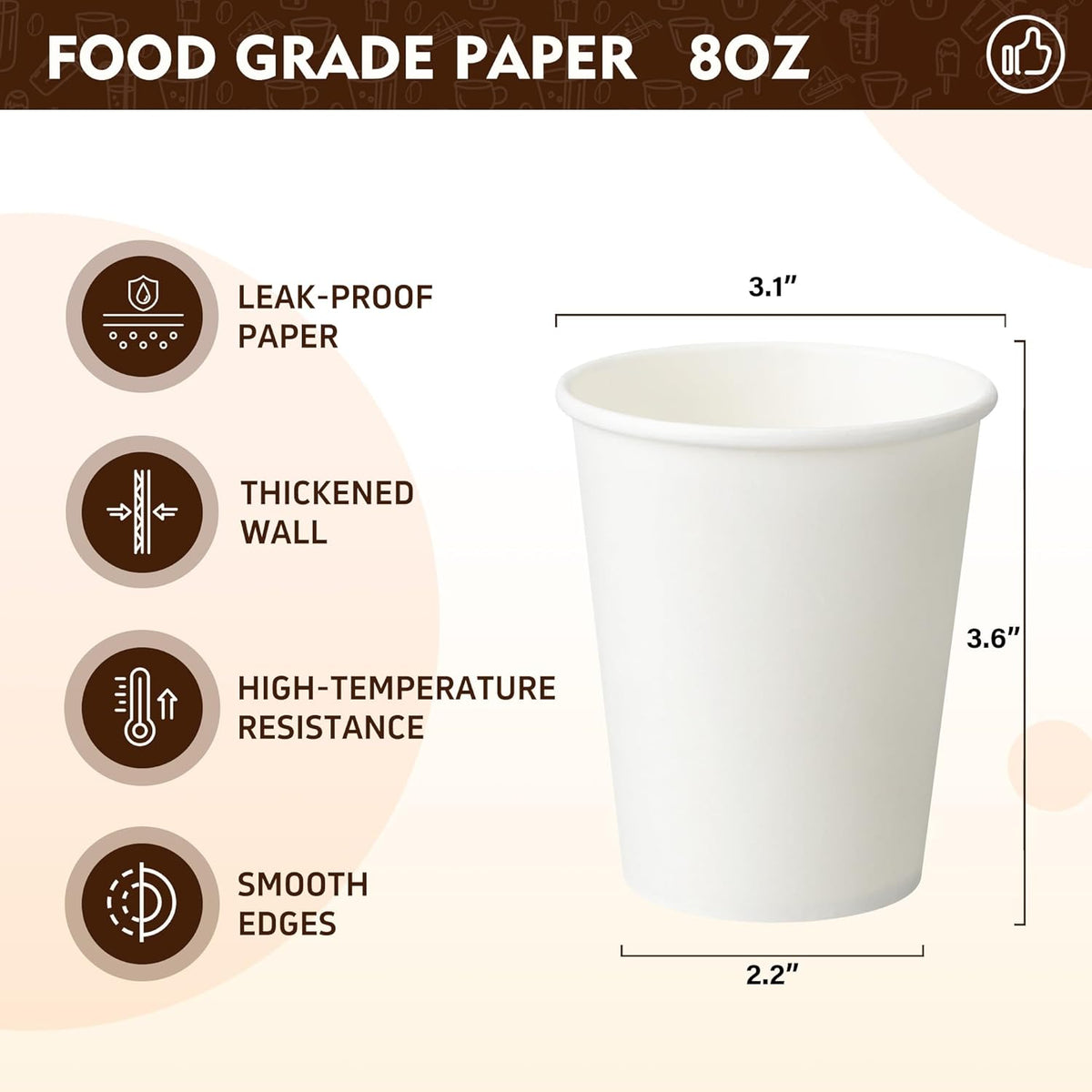 YEEHAW 8 oz 300 Pack Disposable Paper Coffee Cups, White Hot Cups for Hot Beverage Drinkings, Ideal for Cafes, Bistros, Businesses and Family