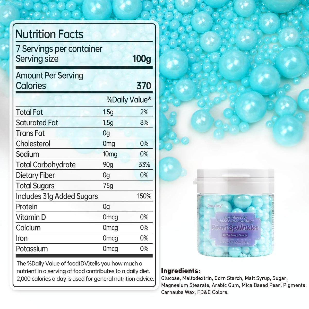 Dazzjoy Blue Edible Pearl, Edible Pearls Sugar Sprinkles, 130g/4.58oz, Blue Pearls Sprinkles for Cake Decorating, Cupcake Toppers