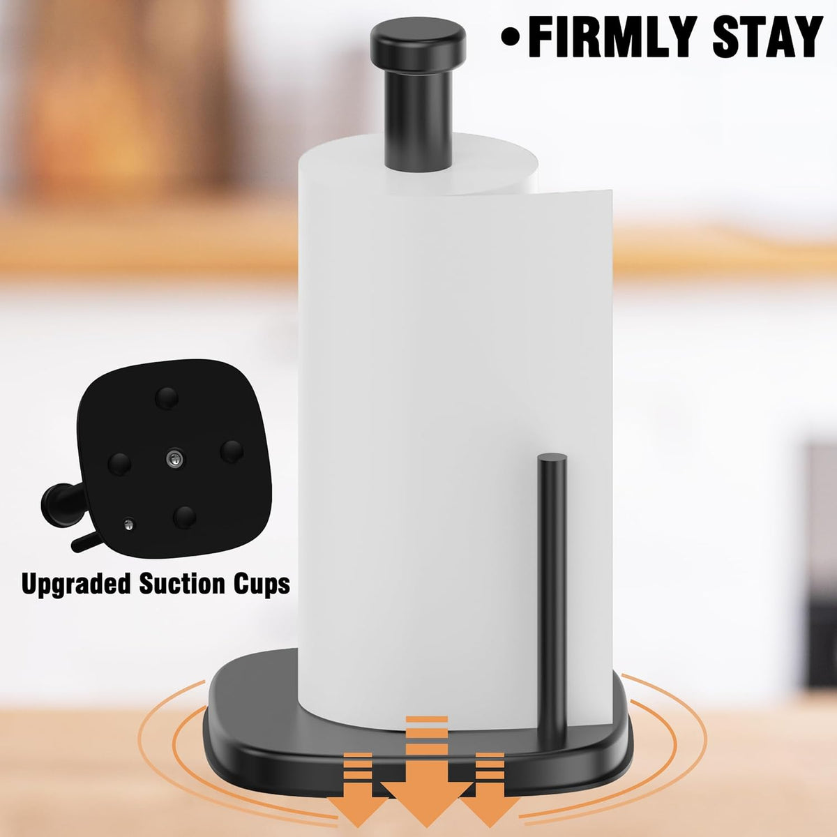 Paper Towel Holder Countertop, Standing Paper Towel Roll Holder for Kitchen Bathroom Organize, Stand with Weighted Base Suction Cups, Stainless Steel One-Handed Operation (Matte Black)