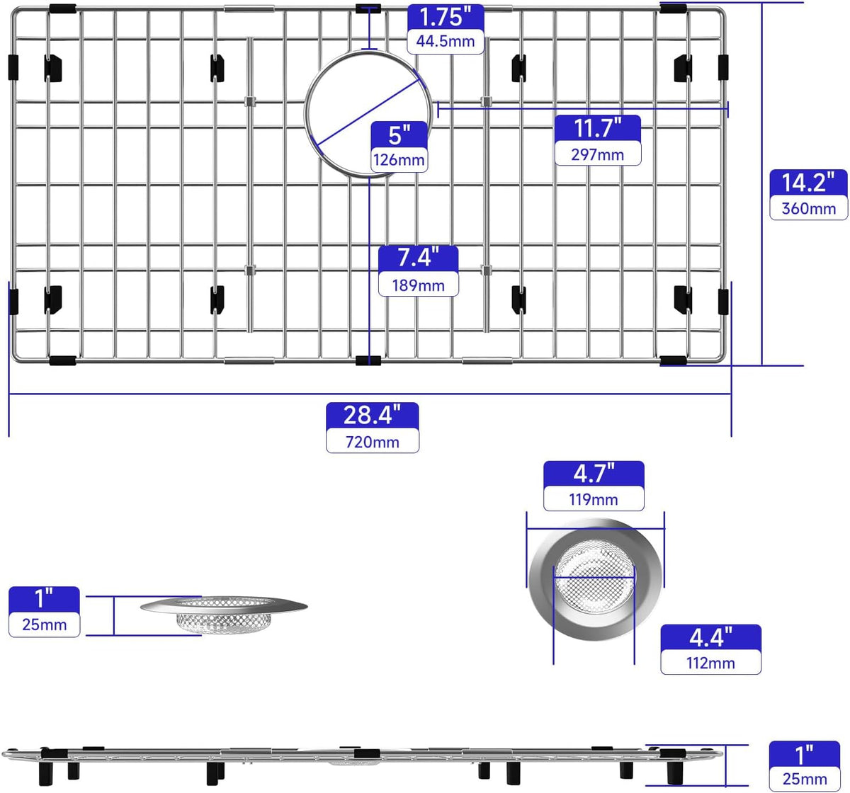 Sink Protectors for Kitchen Sink, Sink Grate Grid for Bottom of Sink, Metal Sink Rack, Bottom Basin Rack, Stainless Steel, 28.4" x 14.2"