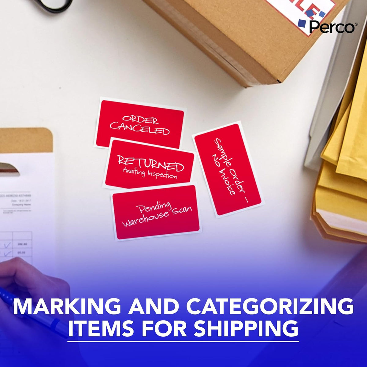 Perco Red Labels 3x5 Inch 500 Stickers/Roll with Easy Peel Perforation and Strong Adhesion for Inventory Management, Color Coding, Moving Boxes, Retail, Organizing & Crafts – Made in USA
