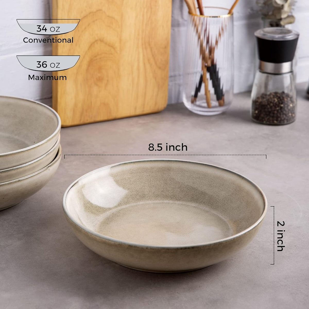 AmorArc 8.5'' Large Pasta Bowls, 36oz Ceramic Salad Serving Bowls Set of 4 for Kitchen, Wide Stoneware Bowls for Pasta,Salad,Fruit,Bread, Microwave Safe, Cappuccino