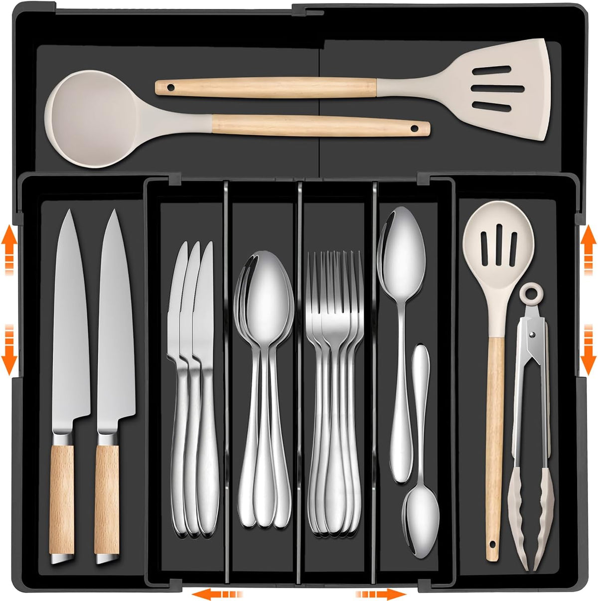Silverware Organizer - Expandable Kitchen Drawer Organizer BPA-Free Silverware Drawer Organizer, Stackable Cutlery Tray for Forks, Knives, Slim Kitchen Organizers and Storage, Black, Large