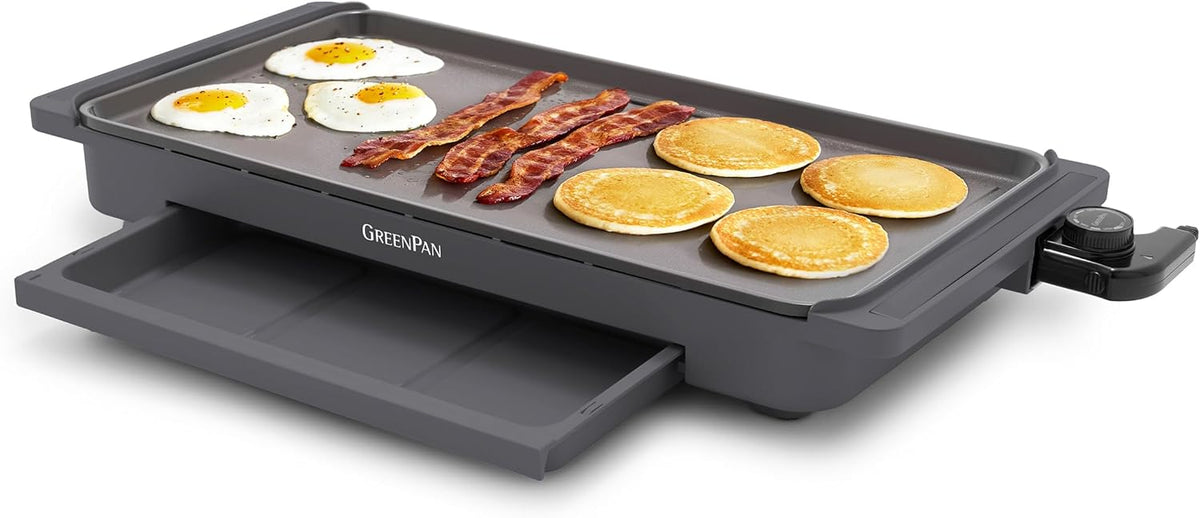 GreenPan Advanced 10.5”x 20” Electric Griddle with Warming Drawer, Healthy Ceramic Nonstick PFAS-Free Coating, Temperature Control, Easy and Versatile Countertop Meals, Dishwasher Safe, Graphite