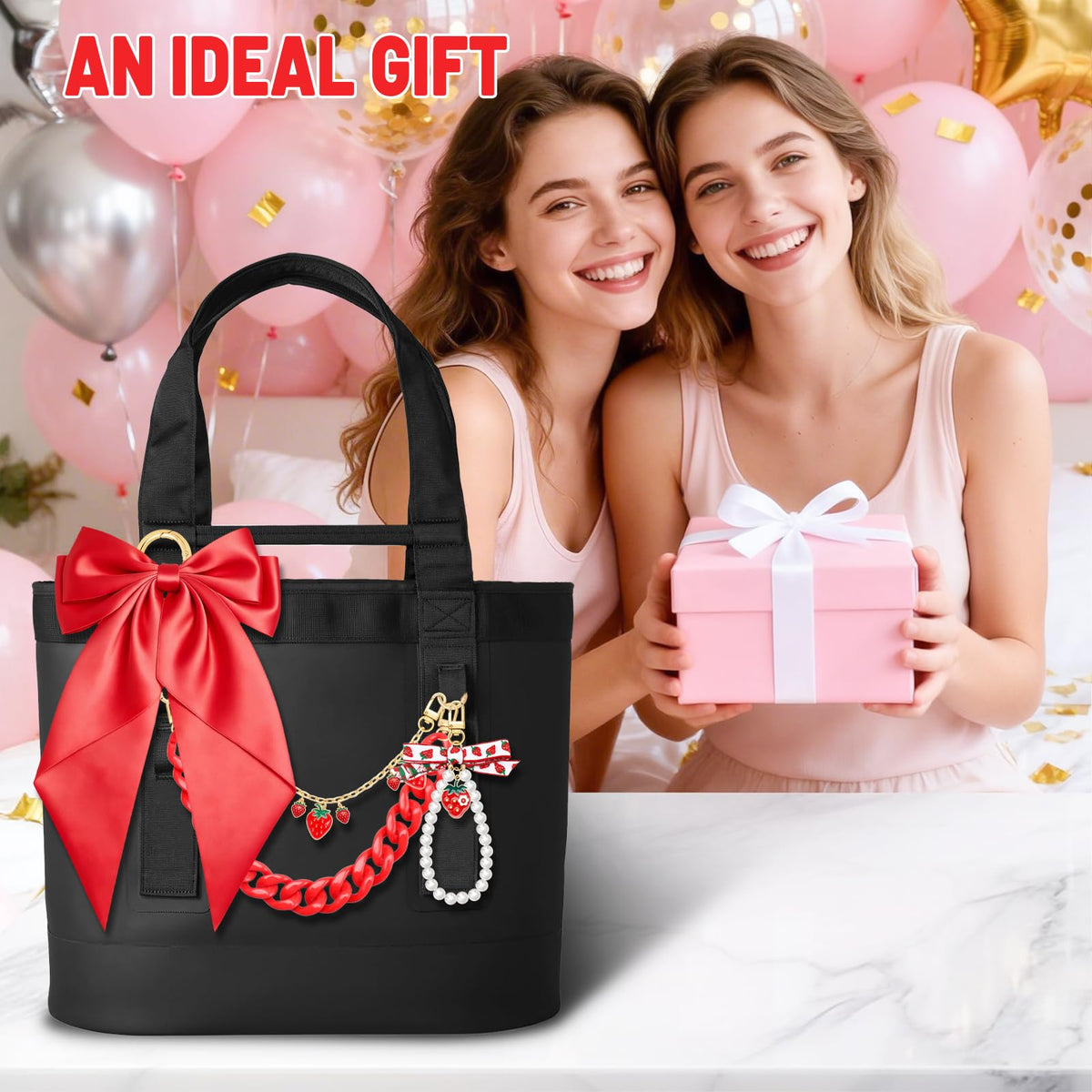 Zkptops 5PCS Tote Bag Decoration Kit Pearl Purse Chain Cute Bow Bag Charms Strap Extender Chain Keychain Charm Accessories for Women Compatible with YETI Camino Bogg Beach Handbag Wallet(Strawberry)