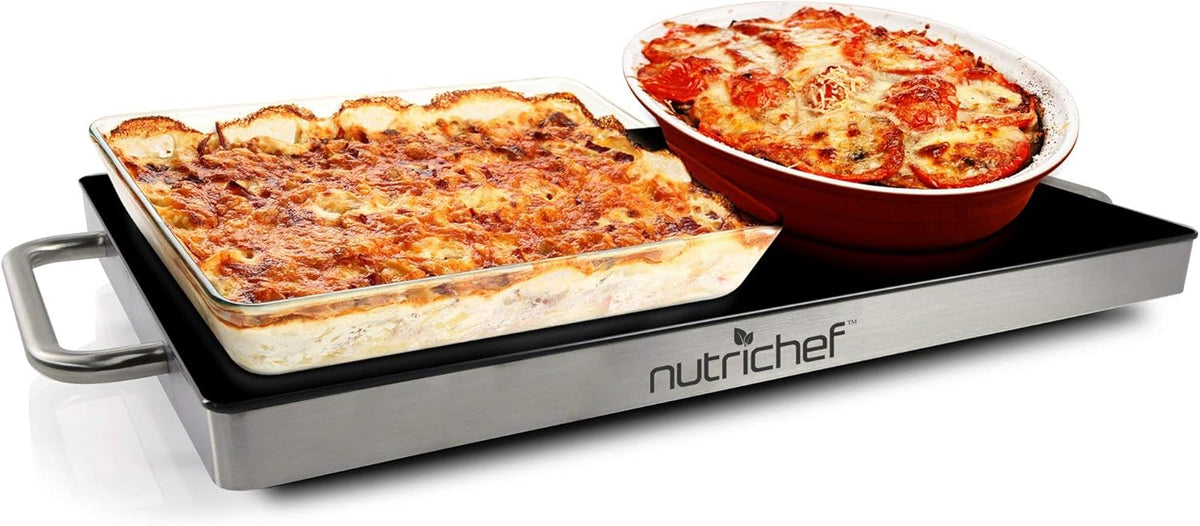 Nutrichef Electric Hot Plate Tray Dish Warmer with Black Glass Top | Ideal for Home, Buffet, Parties, Kitchen & Dinners | Portable & Perfect for Tables or Countertops | 14.5'' L x 8.6'' W