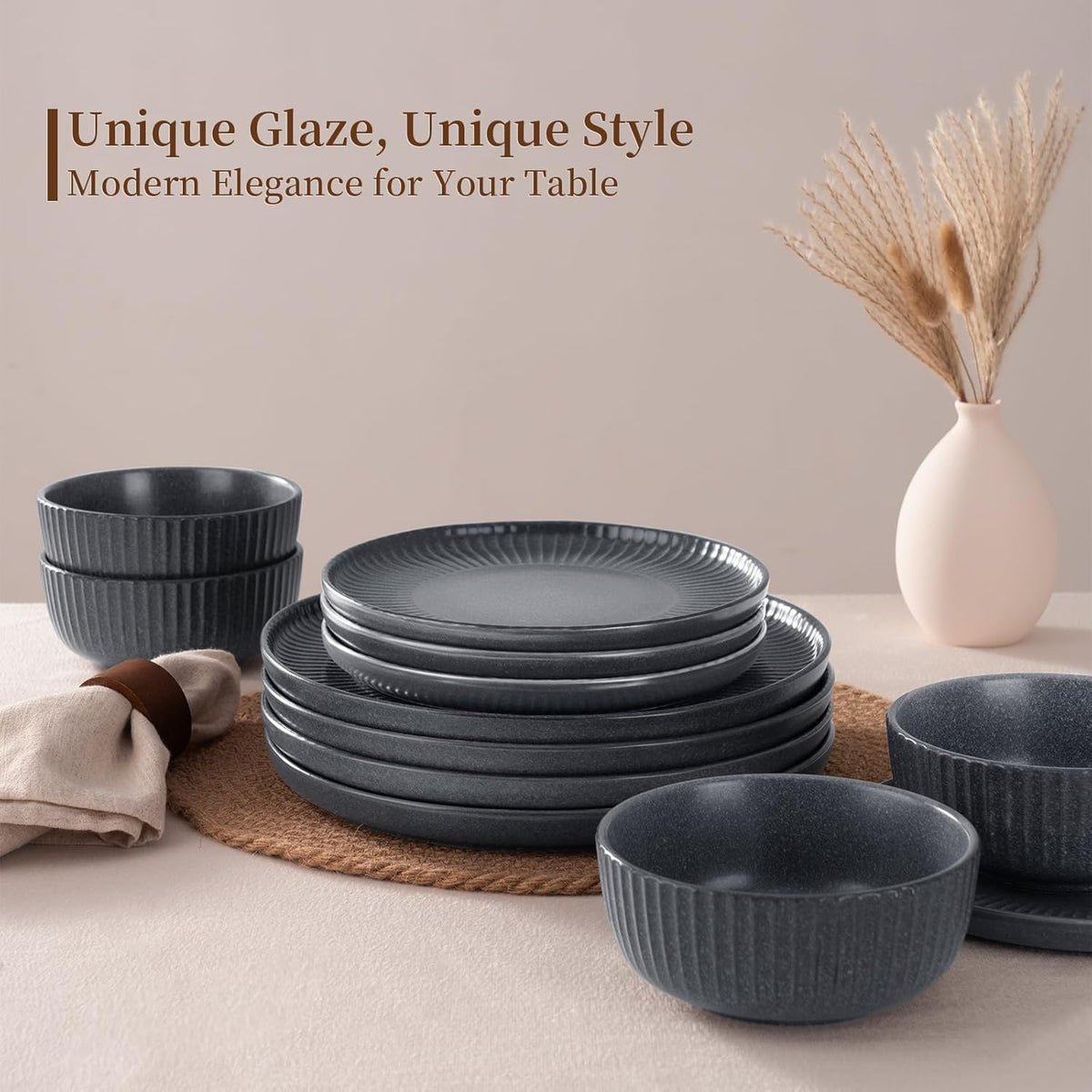 Famiware Starlight Dinnerware Sets, Plates and Bowls Dish Set of 6 (18 Pieces), Ribbed Textured Tableware - Dishwasher & Microwave Safe, Chip Resistant, Reactive Glaze, Matte Midnight Grey