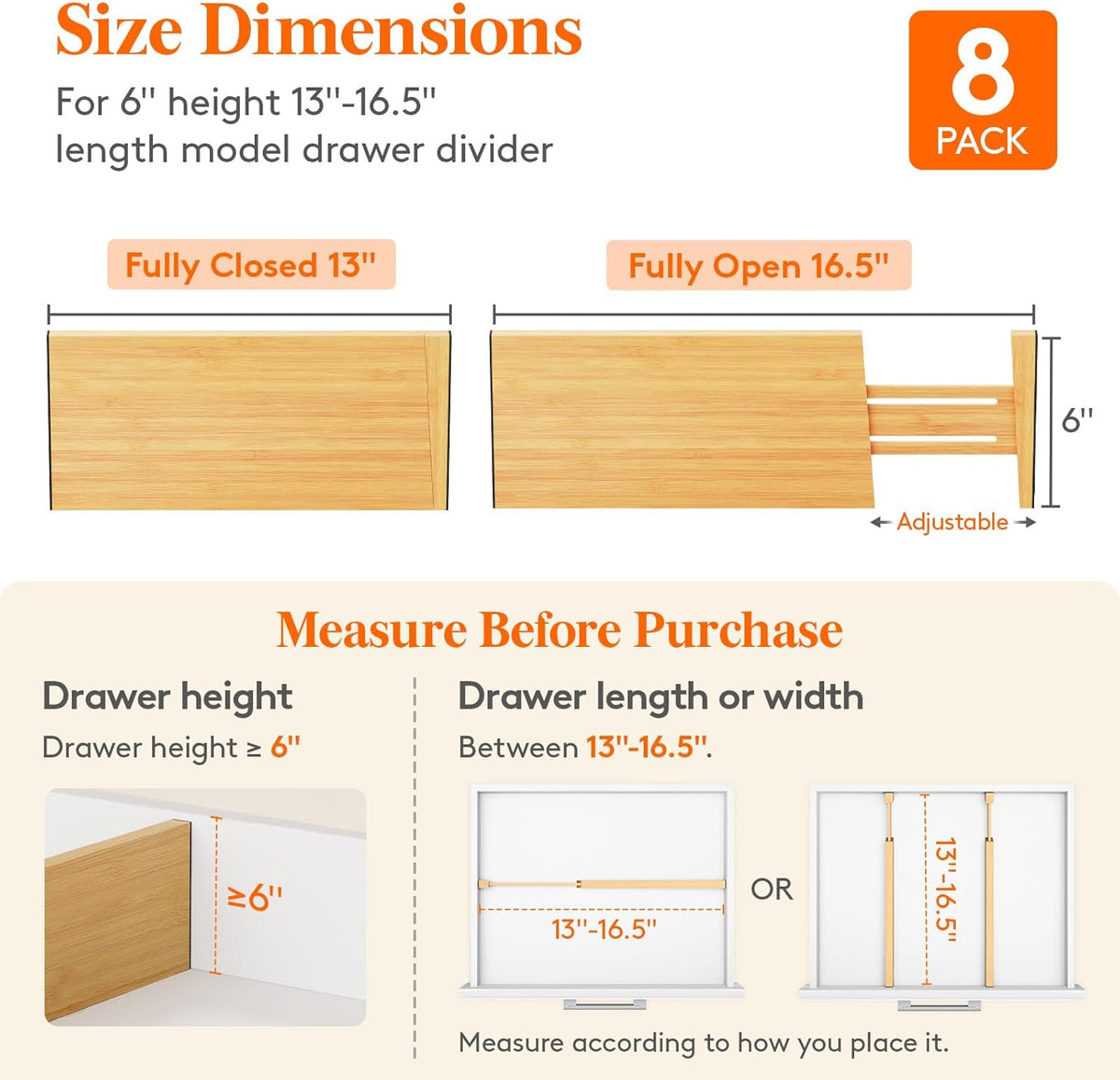 Lifewit 8 Pack 6" Deep Bamboo Drawer Dividers, 13-16.5" Expandable Drawer Organisers for Clothes, Adjustable Dresser Drawer Divider, Clothing Drawers Separators for Dresser, Bedroom, Bathroom, Office