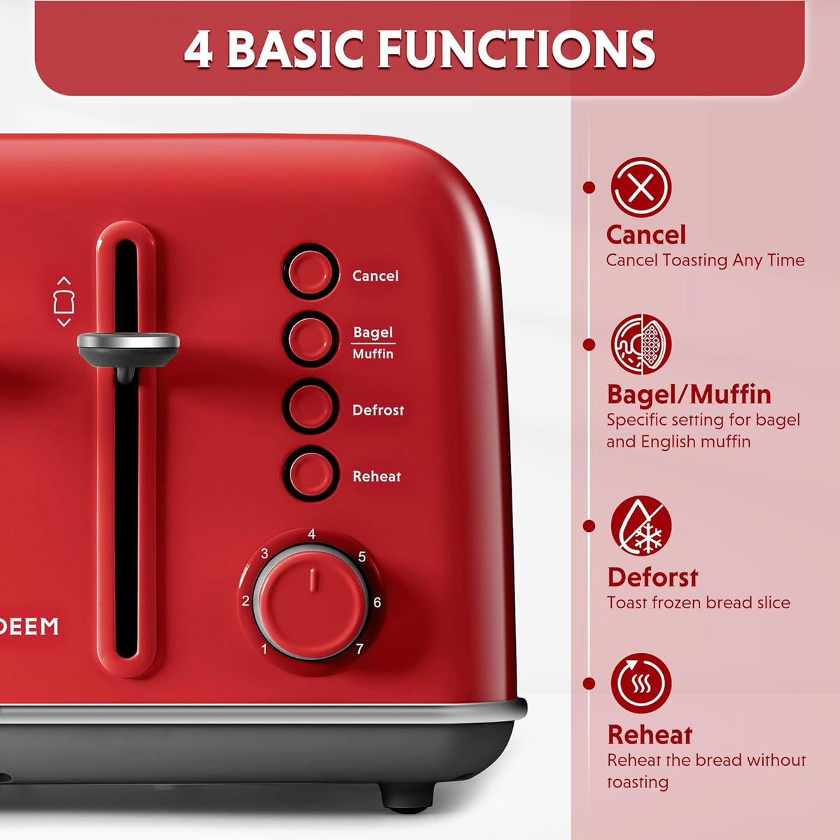 BUYDEEM DT640 4-Slice Toaster, Extra Wide Slots, Retro Stainless Steel with High Lift Lever, Bagel and Muffin Function, Removal Crumb Tray, 7-Shade Settings,Red