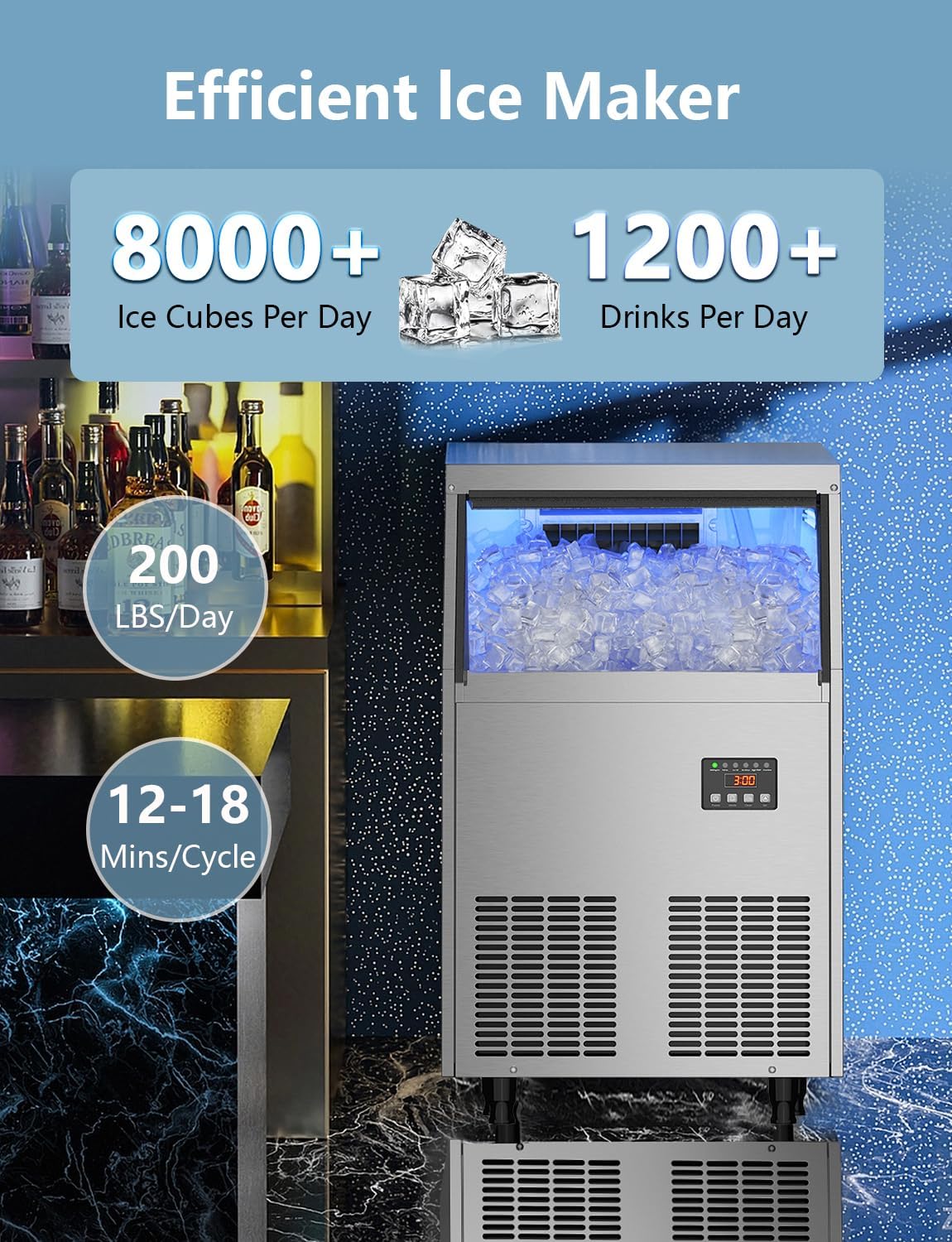 Commercial Ice Maker Machine, 200LBS/24H Under Counter Ice Maker with 35LBS Ice Storage,Stainless Steel Freestanding Ice Maker for Restaurant, Home, Bar, Office, Party, Outdoor Activities
