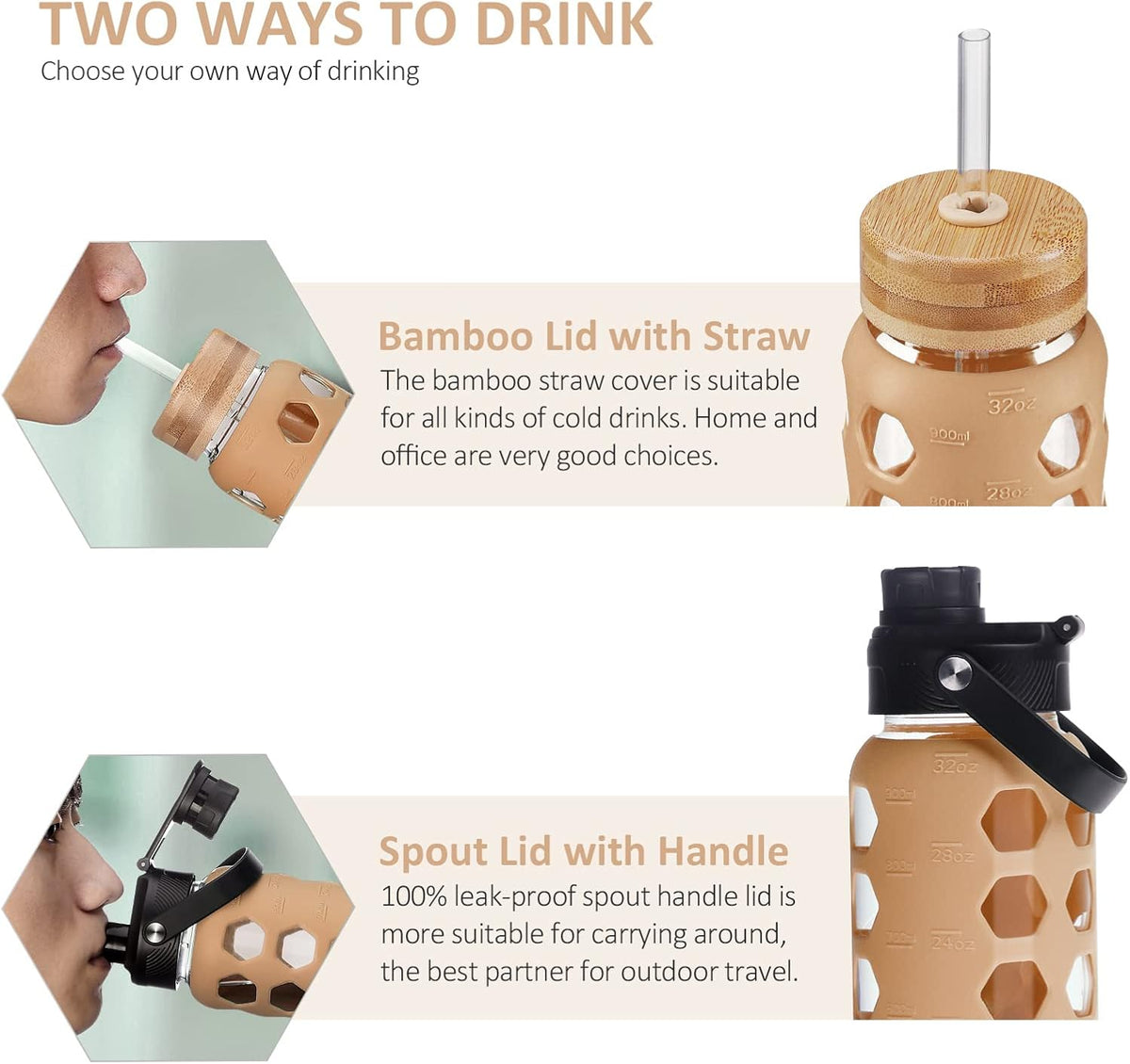 MUKOKO 32oz Glass Water Bottles with 2 Lids-Handle Spout Lid&Bamboo Straw Lid, Motivational Water Tumbler with Time Marker Reminder and Silicone Sleeve, Leakproof-Amber-1 Pack