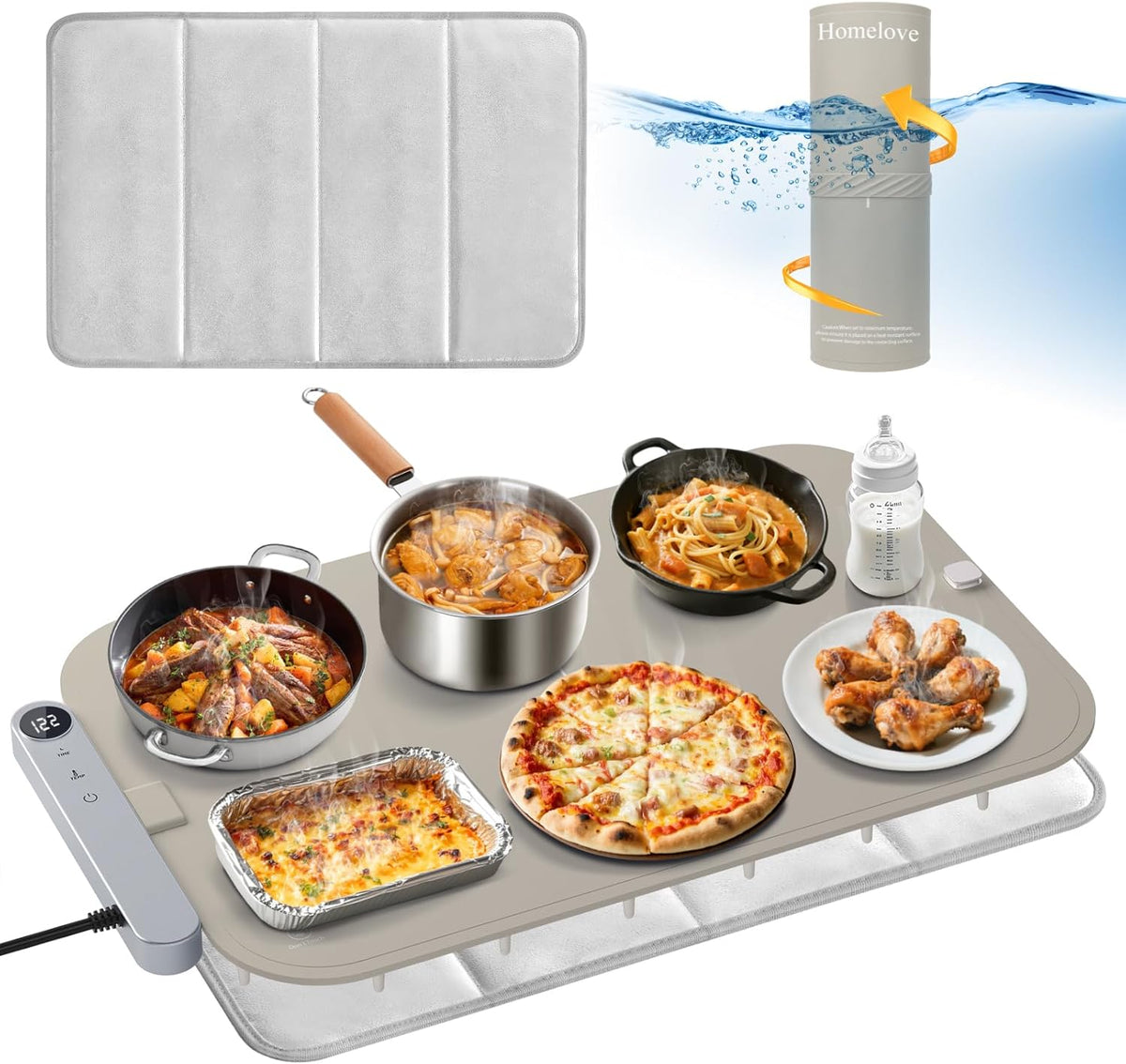 Homelove Food Warming Mat Waterproof - Electric Warming Tray with 6-Level Temperature and Hours Setting, Full Surface Graphene Heating, Dishwasher-Friendly Food Warmer Mat for Parties, Kitchen (Khaki)
