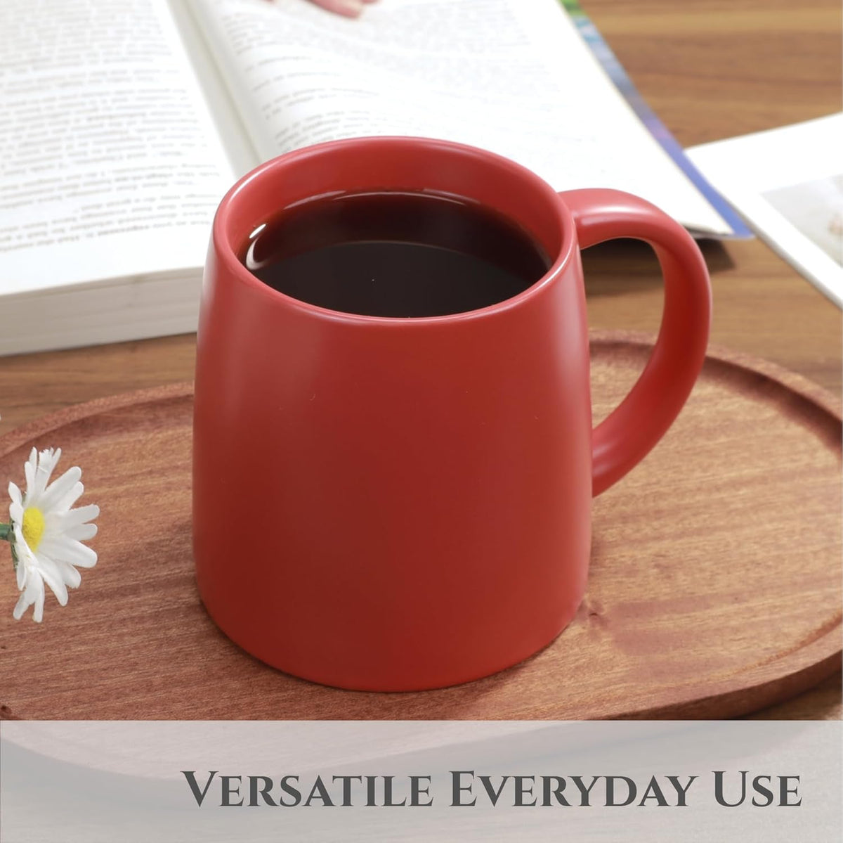 Classic Mug, 14 oz Large Coffee Mug with Handle, Ceramic Porcelain Tea Cup, Smooth Matte (Sliding Lid, Set of 2, Red and Navy Blue)