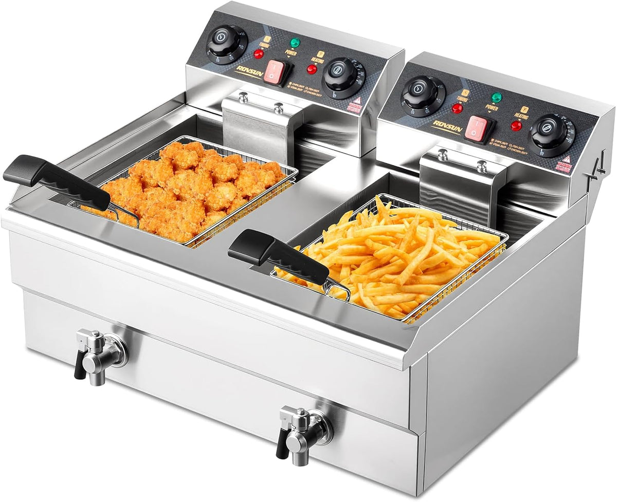 ROVSUN 24.9QT Electric Deep Fryer with Baskets, Timer Drains & Lids, 3400W Commercial Deep Fryer, Dual Tank Kitchen Countertop Frying Machine, Adjustable Temperature for Home Restaurant