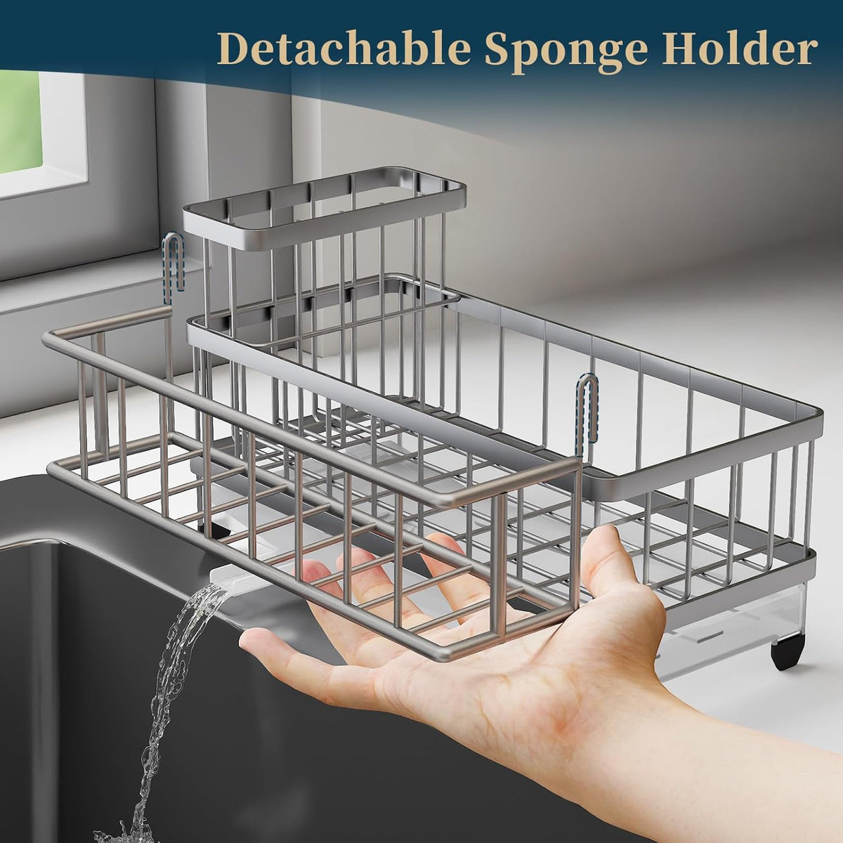 Consuemst Sponge Holder for Kitchen Sink - Auto Draining Sink Caddy Organizer with Detachable Rack, High Brush Holder, Kitchen Countertop Storage Accessories, Sand Nickel