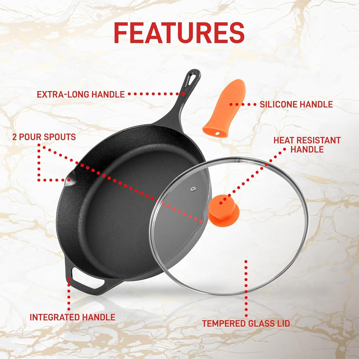 NutriChef 12-Inch Cast Iron Skillet w/Lid - Pre-Seasoned, Oven Safe, Nonstick, Cool-Touch Silicone Handle, For All Cooktops - NCCI12
