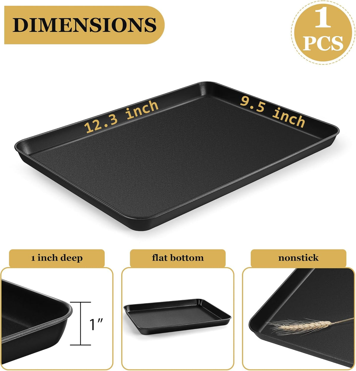 E-far 12.3x9.5x1 Inch Cookie Sheet for Baking, Nonstick Metal Oven Tray Pan for Cookies Jellyroll Cake, Nontoxic Rectangle Carbon Steel Baking Pan for Toaster Oven, Warp Resistant & Easy Clean