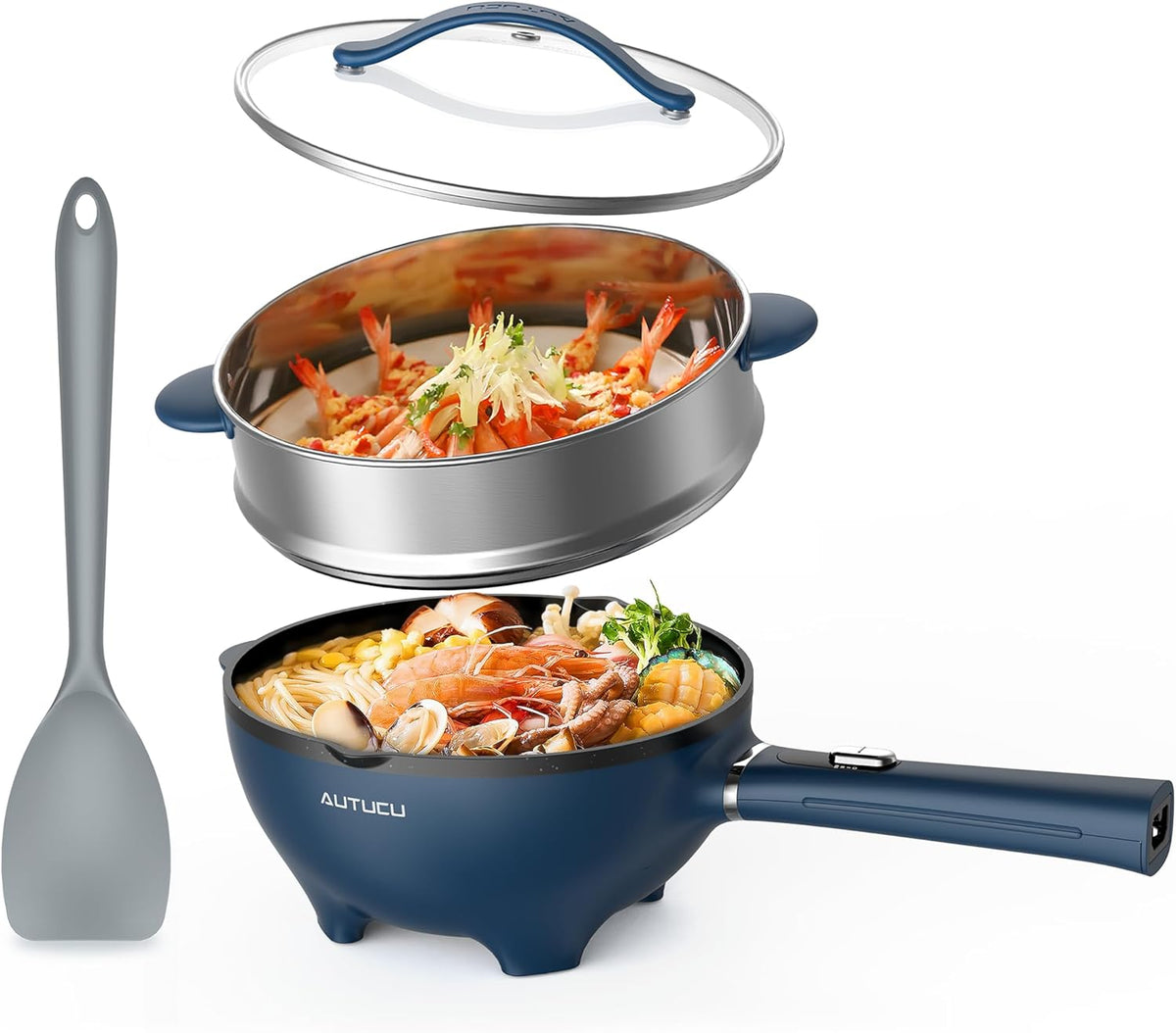 3-Quart Electric Hot Pot & wok Nonstick with Steamer | Electric Skillet 1200W for Dorm, Home, Gifts (Includes Silicone Spatula) Multi-Cooker