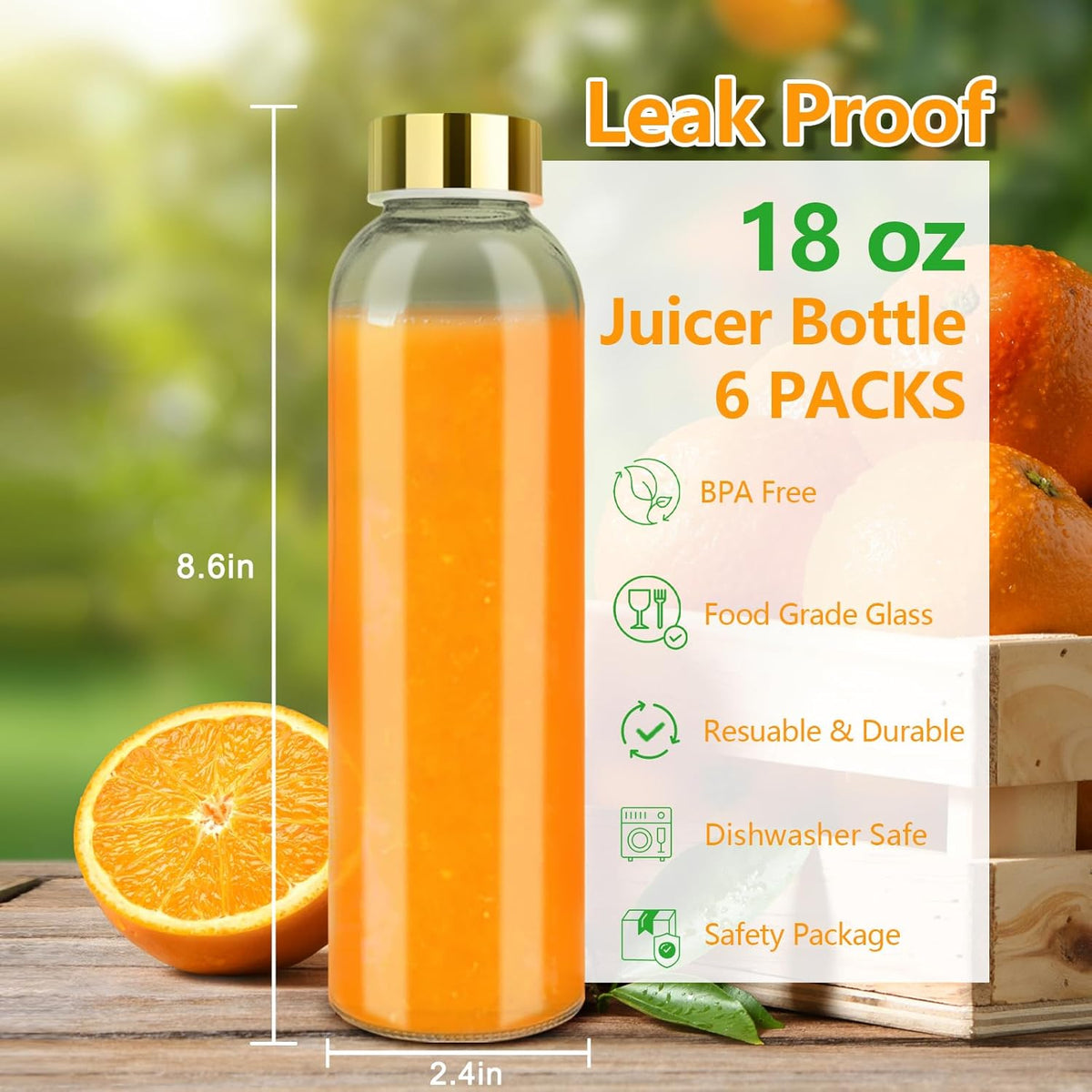 Zukro Glass Water Bottles with Lids 18 oz, Reusable Juice Bottles for Juicing, Leak Proof Juice Storage Containers for Fridge, Clear Drinking Jars With Stainless Steel Caps, BPA Free, Set of 6 Gold