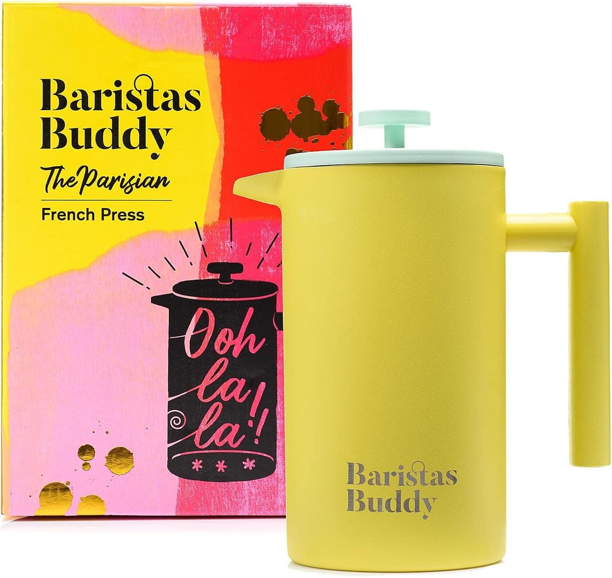 Yellow French Press Coffee Maker - Colorful, Retro And Stylish Insulated Coffee Brewer - Large Size Brews 4 Cups