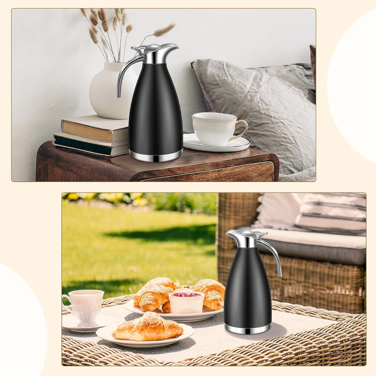 Uiifan 2 Pcs 68 oz Thermal Coffee Carafe Insulated Stainless Steel Coffee Carafe for Hot Liquids Vacuum Thermal Pot Creamer Dispenser with Brushes Keeping Hot Tea Milk Water(Black)