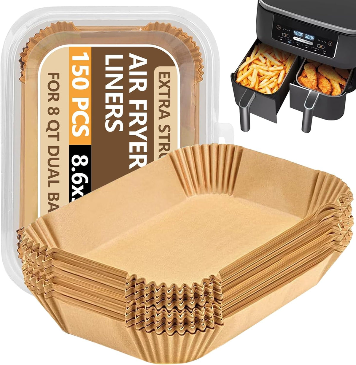 UBeesize Air Fryer Paper Liners Disposable For Ninja, 150 PCS Non Stick Parchment Paper For Ninja DZ201/DZ401 Dual, Oil Proof, Water Proof Food Grade Air Fryer Accessoriess(Rectangle - 8.5"X5.5")