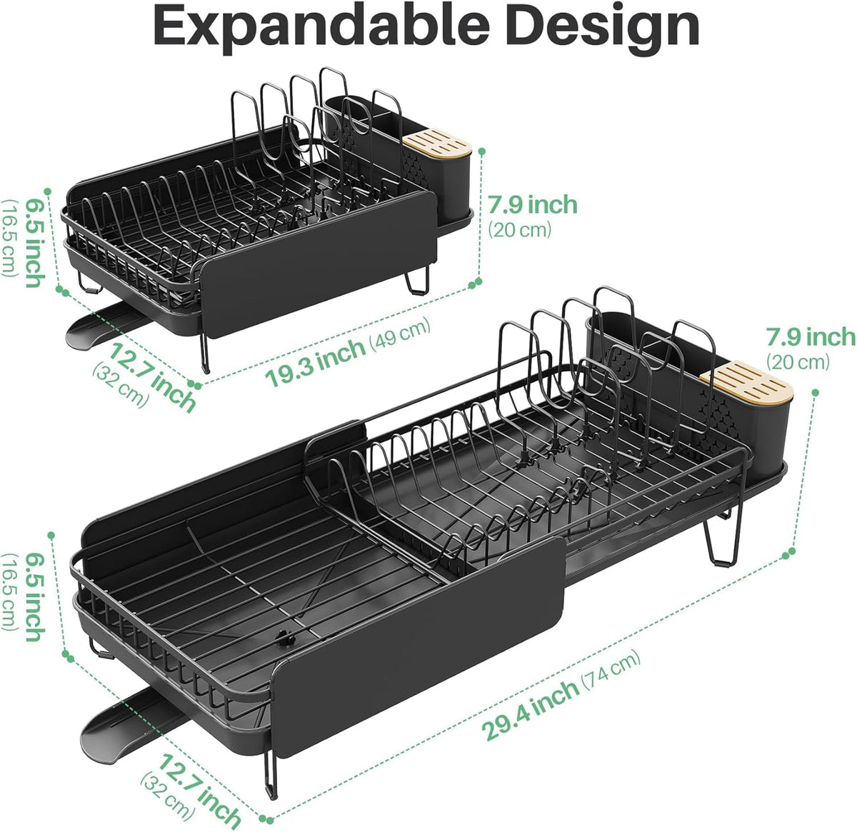 Large Dish Drying Rack - Expandable (19.3" to 29.4") Dish Rack for Kitchen Counter, Stainless Steel Dish Drainer with Utensil Holder, Pan Holder & Pot Lid Holder, Black