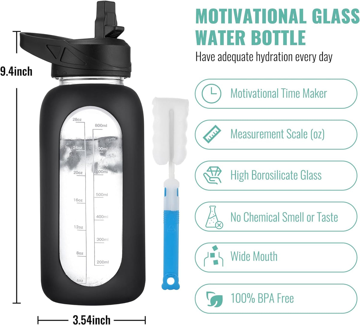 CIVAGO 32 oz Glass Water Bottle with Straw and Handle, Large Sports Motivational Water Bottle Flask with Time Marker and 2 Lids, Leakproof Water Jug Canteen with Silicone Sleeve for Gym,Black