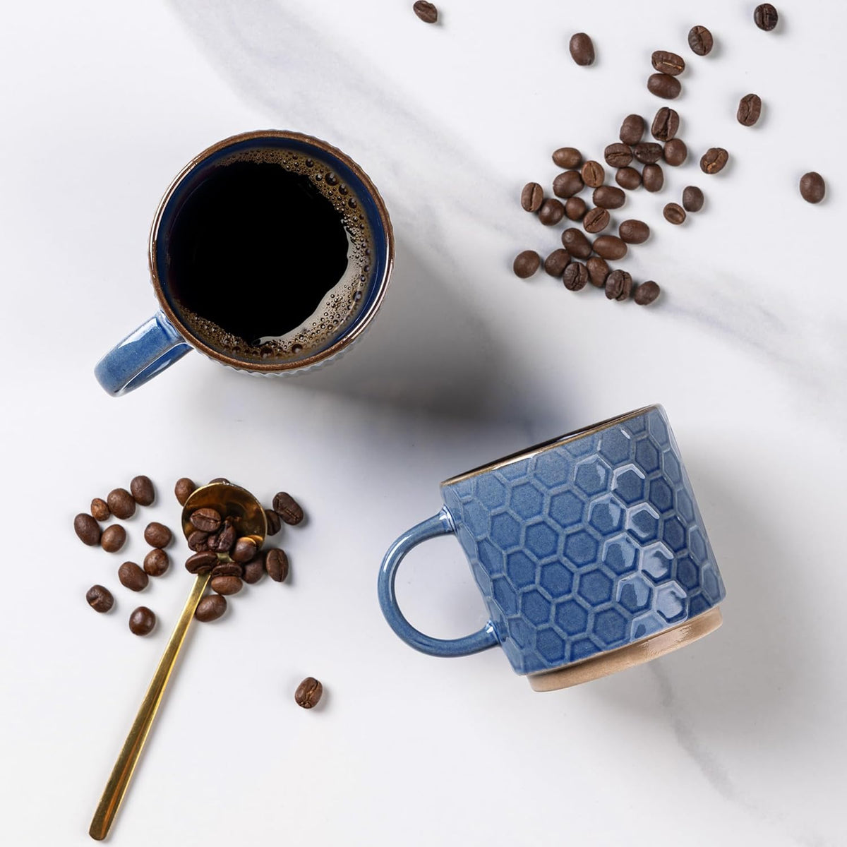 GBHOME 6 OZ Stackable Coffee Mugs, Ceramic Coffee Mugs with Texture Patterns for Man,Woman,Dad,Mom, Modern Coffee Cups Set of 4 for Espresso/Cappuccino/Cocoa. Dishwasher&Microwave Safe, Moonlight Blue