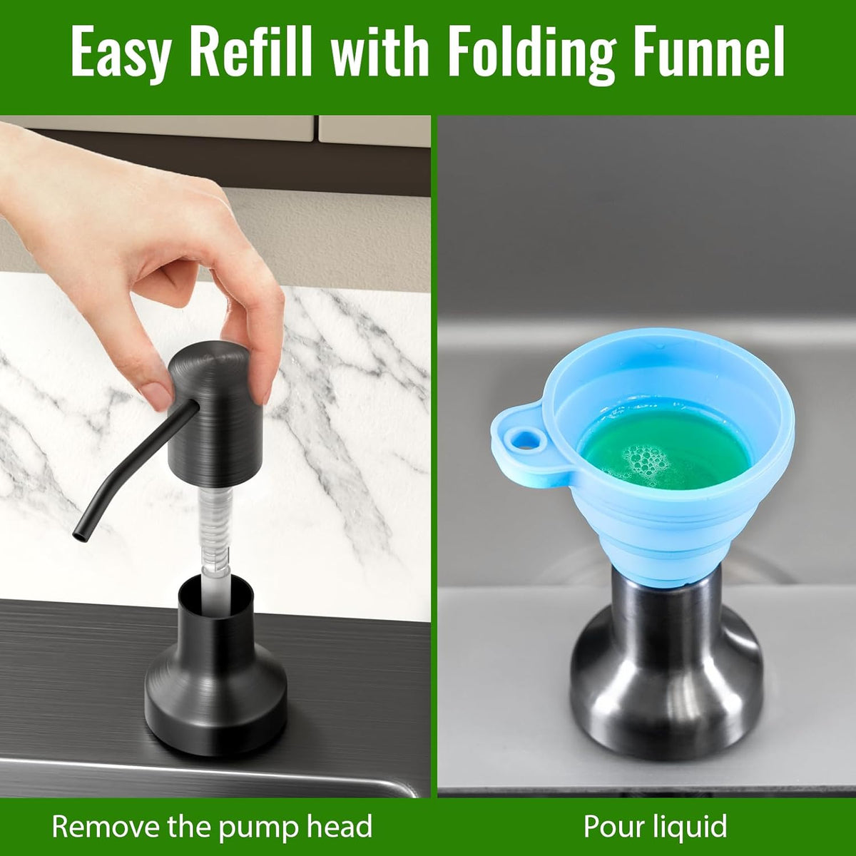 Soap Dispenser for Kitchen Sink, Kitchen Sink Soap Dispenser with 17 OZ Bottle, Refill from The Top Bar, Longer Threaded Shaft Shank, Wide Pump Head Base (Gray)