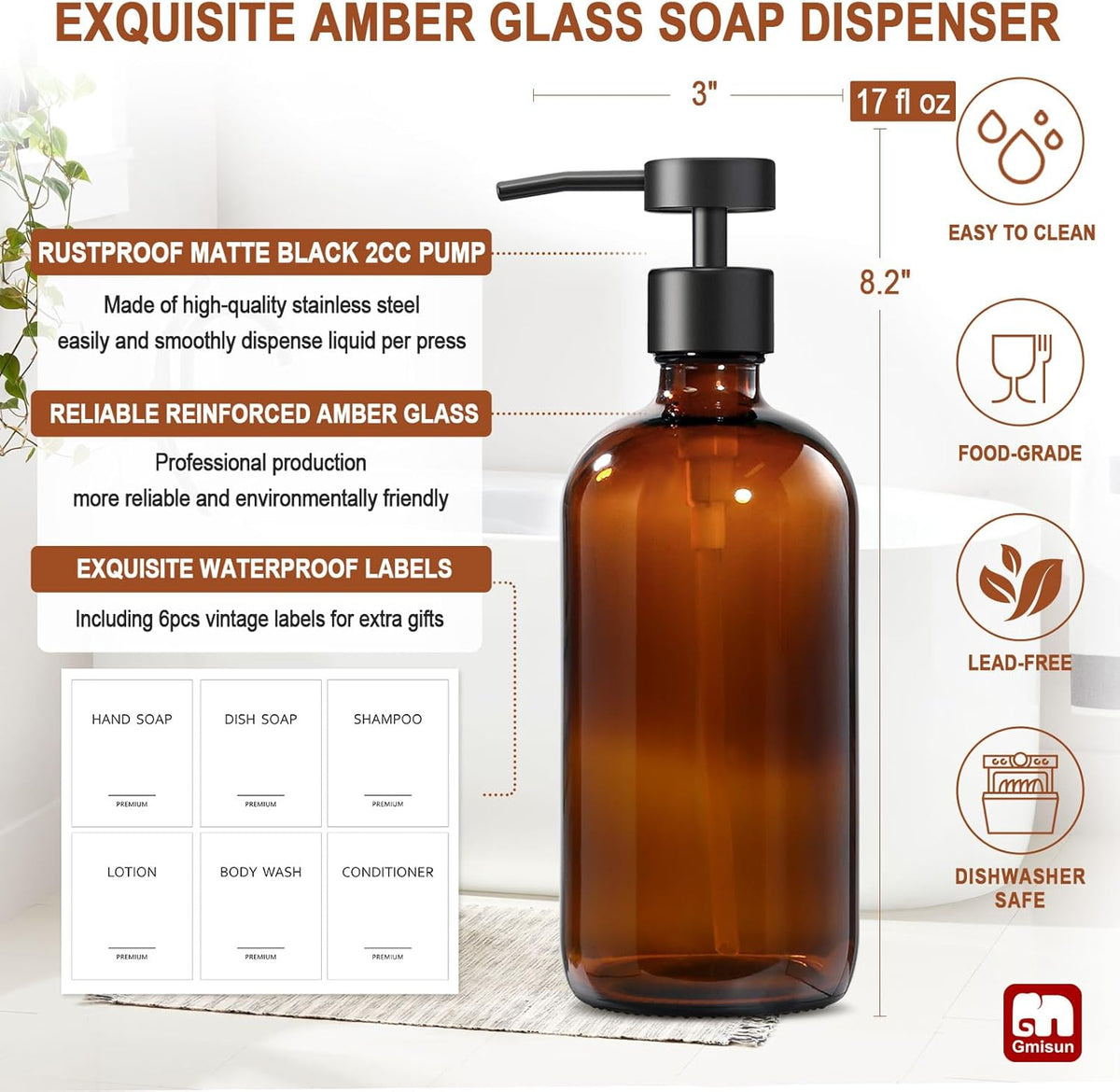 GMISUN Amber Glass Soap Dispenser, 2 Pack Bathroom Hand Soap Dispensers with Stainless Steel Flat Pump, 17 Fl Oz Kitchen Dish Soap Dispenser, Modern Vintage Liquid Brown Soap Dispensers Bottle Set