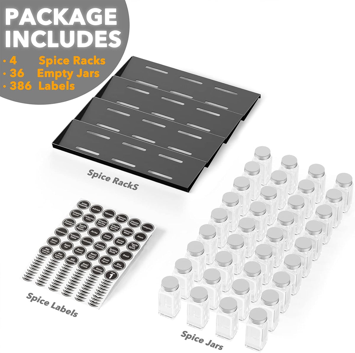SpaceAid Spice Drawer Organizer with 36 Spice Jars, 386 Spice Labels, 4 Tier Seasoning Rack Tray Insert for Kitchen Drawers, 16.75" Wide x 17.5" Deep
