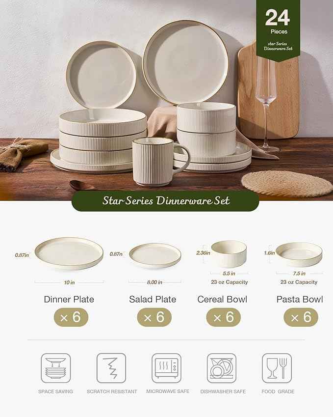 Famiware Star Dinnerware Set with Pasta Bowls, Service for 6 (24 Pieces), Ribbed Stoneware Plates and Double Bowls Sets with Trim - Chip & Scratch Resistant, Microwave & Dishwasher Safe Dishes, White
