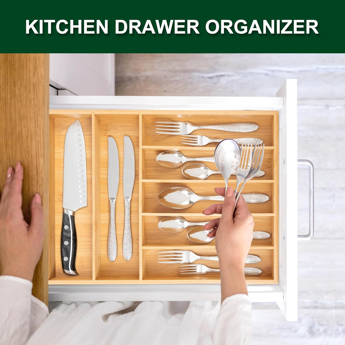 Bellsal Natural Utensil Organizer 12.5 Inch Silverware Organizer for Drawer Utensil Holder Cutlery Organizer Kitchen Drawer Organizer 7 Compartment Small Narrow Bamboo