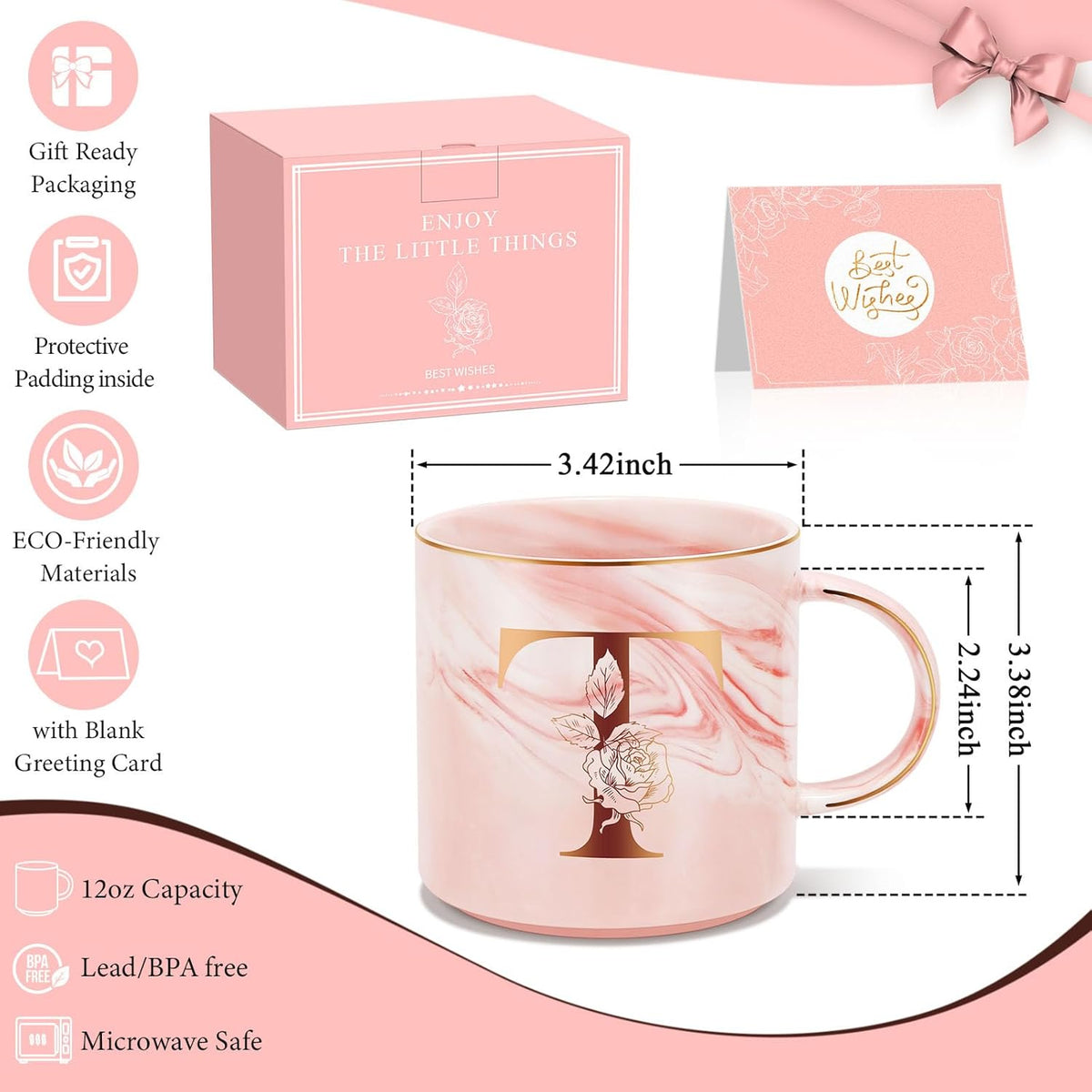 Personalized Gifts for Women Coffee Mug, Initial Customized Gift Monogrammed A-Z Coffee Mug 12 OZ, Christmas Anniversary Birthday Gifts for Women Mom Grandma Friend Sister Wife (T)